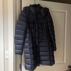 Brand new never used navy blue Monclair long jacket, extra small